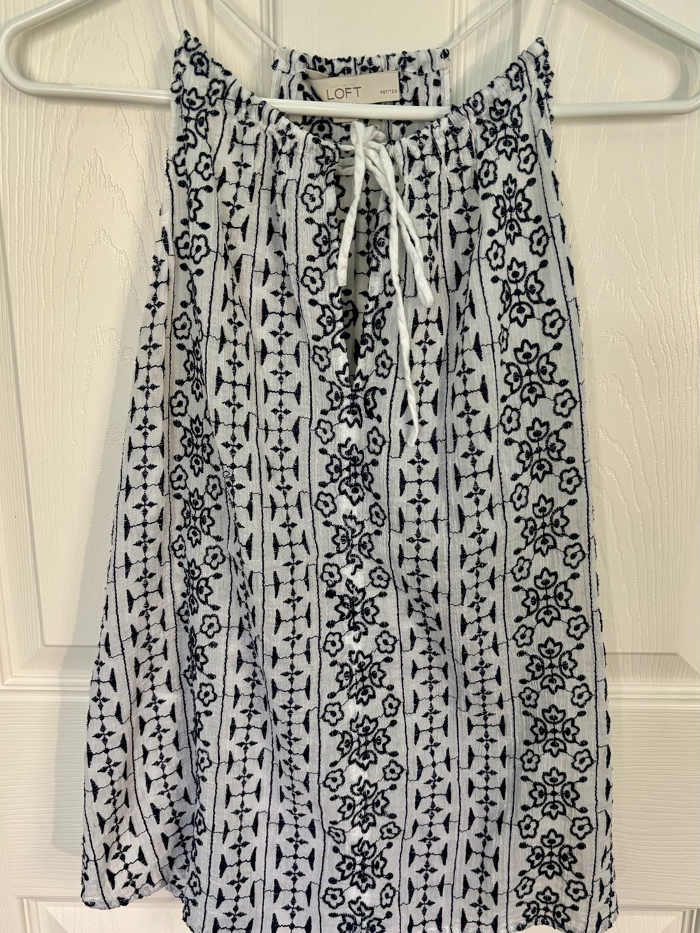 LOFT Navy & White Patterned Drawstring Top